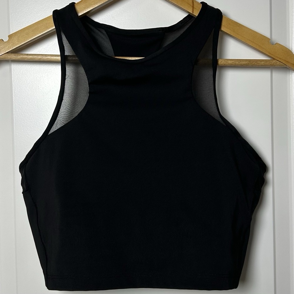 Athleta Black High Neck Mesh Paneling Crop Tank Activewear Athleisure Style - Picture 1 of 2
